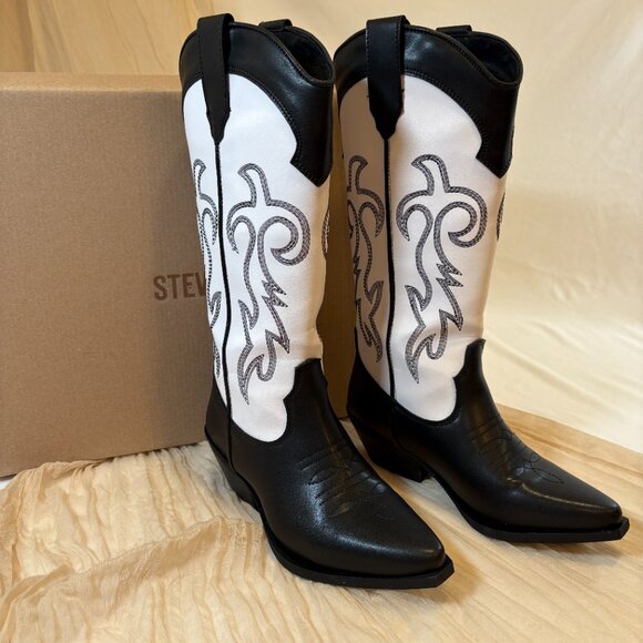 NEW Steve Madden Womens Tall Western Windie White/Black Boots Size 7.5 - Picture 1 of 13